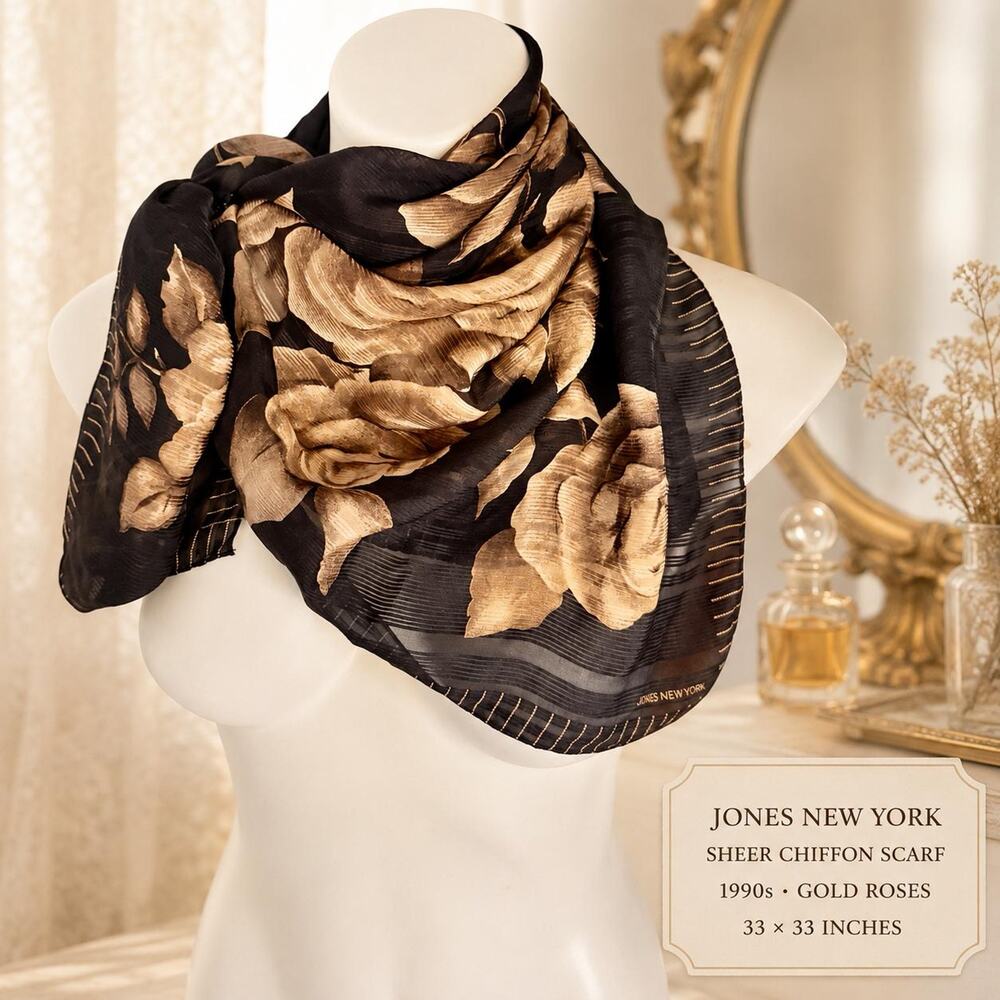 Vintage Jones New York Black Chiffon Gold Rose Scarf 1990s Sheer 33x33